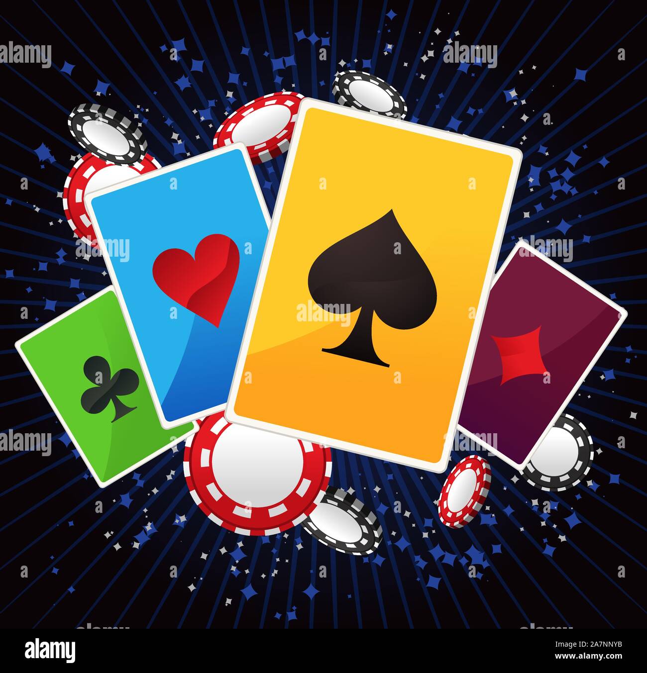 Bube, Dame, König und Ass poker Anzüge mit leuchtenden blauen Linien und poker Münzen Vector Illustration. Stock Vektor