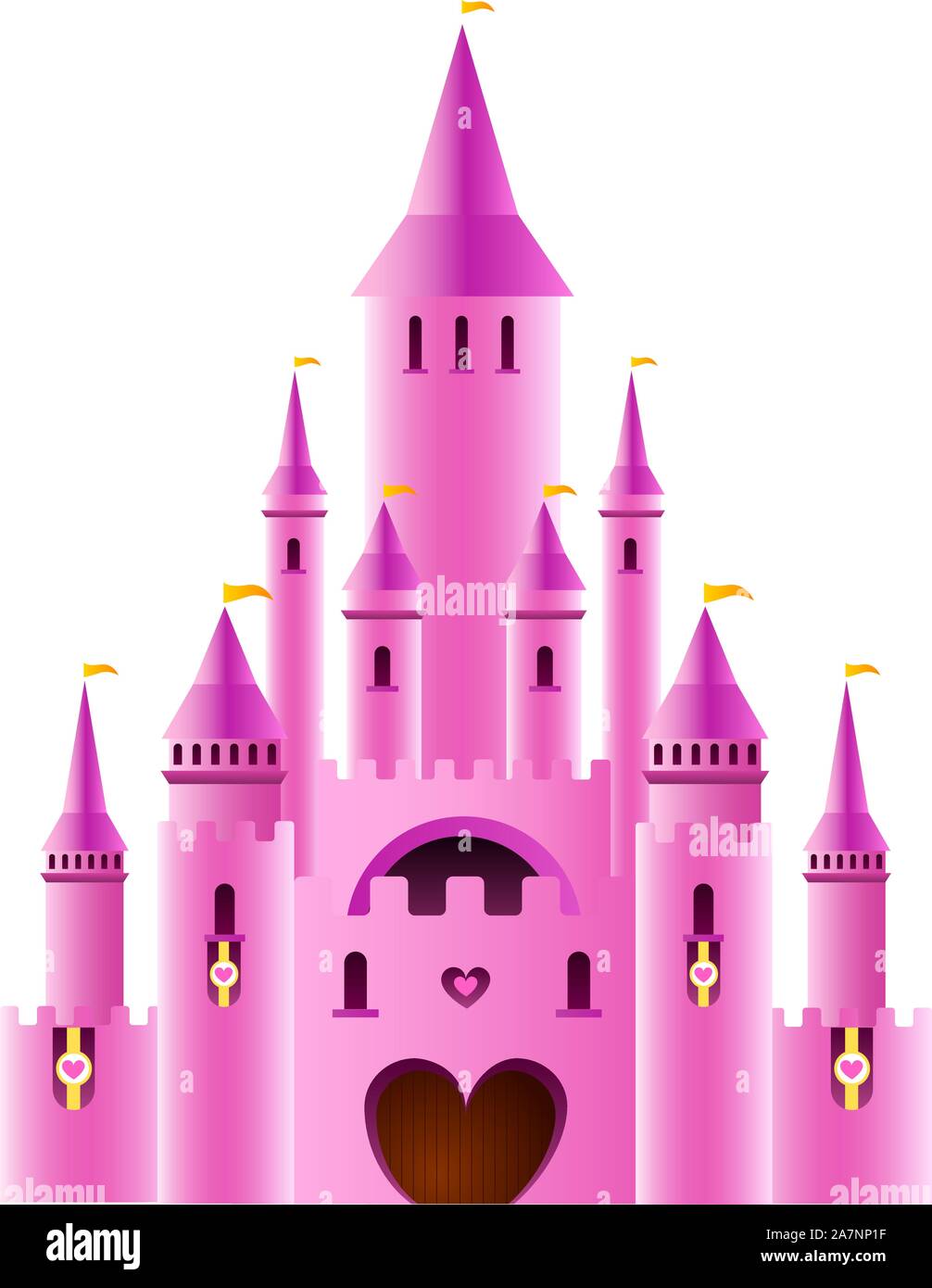 Märchenhafte Pink glitzernden Palast Burg mit Regenbogen und Flag-Vektor-Illustration. Stock Vektor