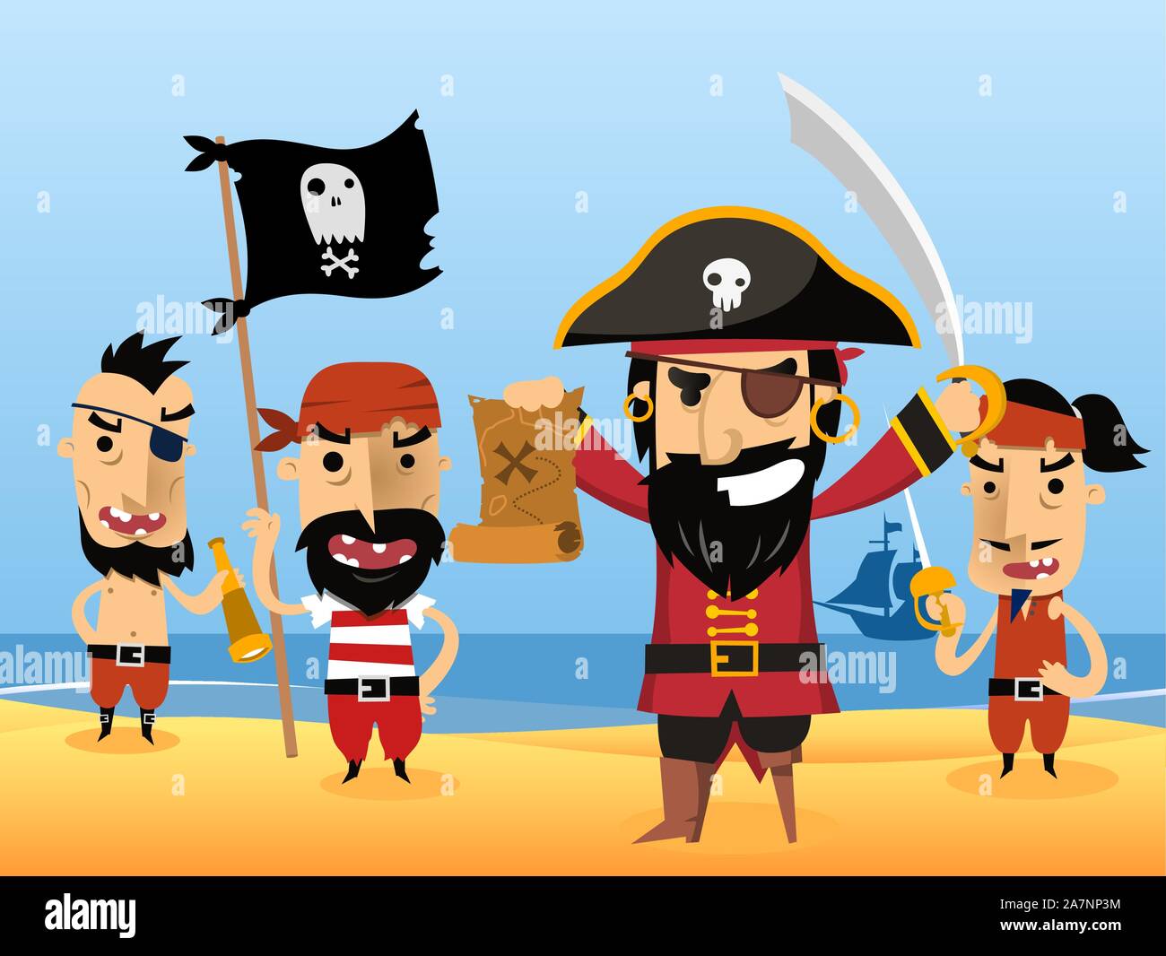 Piraten Figuren mit Flagge Schwert eye Patch Totenkopf-Vektor-Illustration. Stock Vektor