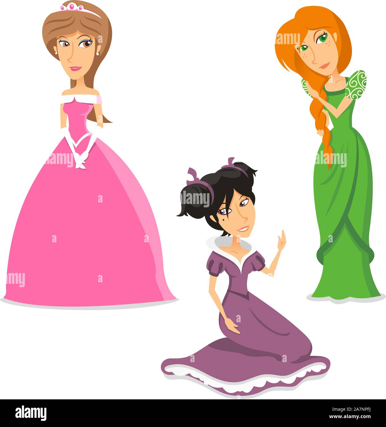 Prinzessin Königin Sammlung, mit drei ständigen Prinzessin, mit drei verschiedenen Kleider, mit verschiedenen Farben und Formen. Vector Illustration Cartoon. Stock Vektor