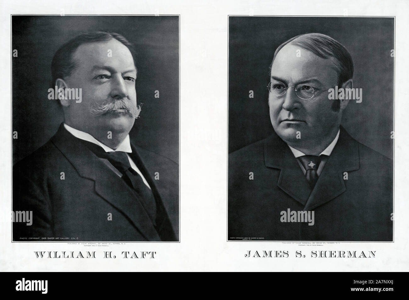 Republikanische Kandidaten für Präsident und Vizepräsident, William H. Taft, James S. Sherman, Plakat, Photo Credits (L-R) Baker Art Gallery, Harris & Ewing, von Oscar Marshall, 1909 veröffentlicht. Stockfoto