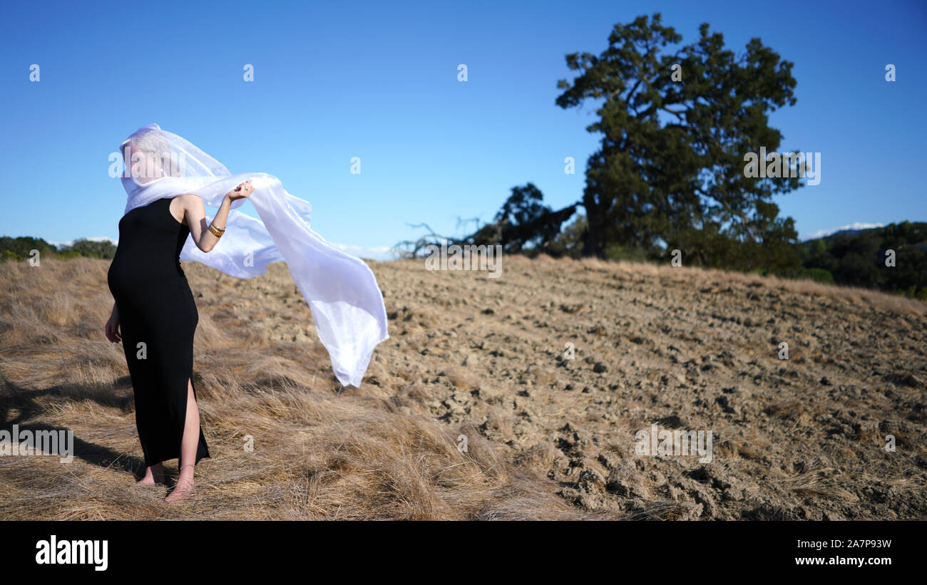 Sehr schwangere Frau tragen lange stretchy Kleid, einen langen weißen Schal um Gesicht in den Wind, stehend auf Schmutz Feld mit großen gefallenen Baum Stockfoto
