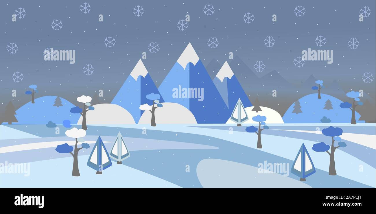 Winter verschneite Landschaft mit Hügeln, Bäumen und Bergen. Suburban Gebäude im Winter Landschaft. Flache Vector Illustration. Moderne Ländliche Gegend Stock Vektor