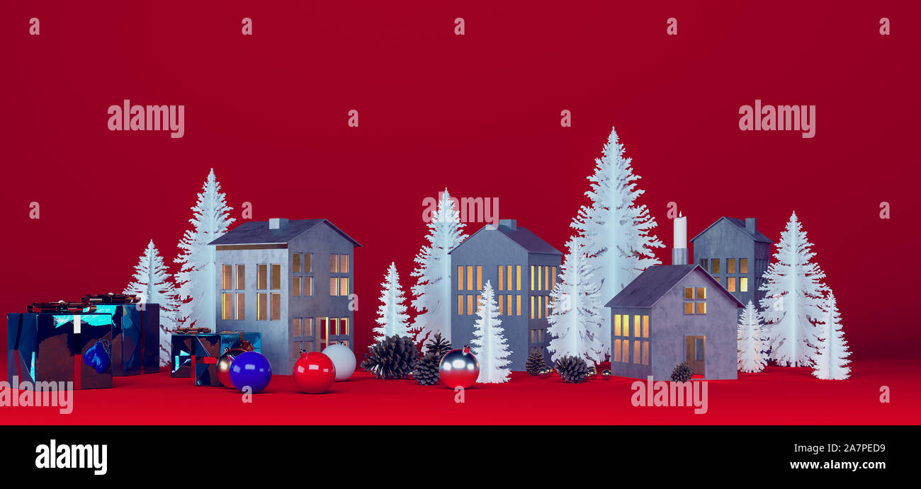 Weihnachtsgeschenke, Geschenk, Kästen auf dem Hintergrund der hausgemachten Papier basteln, Weihnachten Spielzeug und dekorative Kerzenständer auf rotem Hintergrund Stockfoto