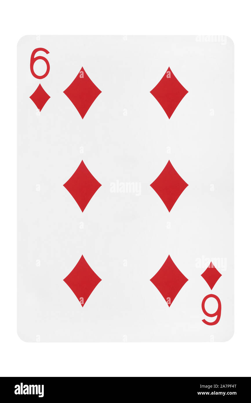Sechs der Diamanten Karte auf weißem Hintergrund Stockfoto