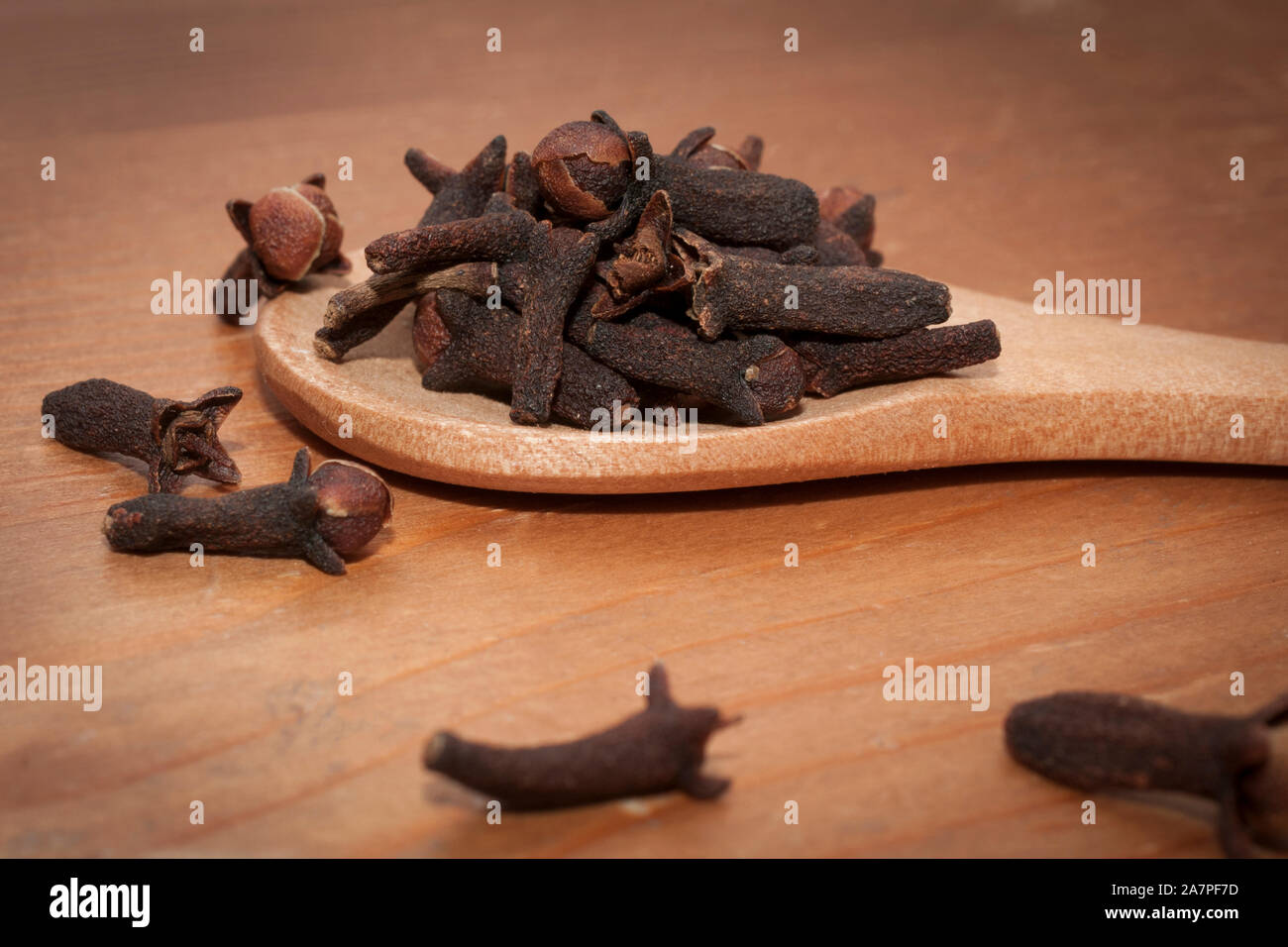 Gewürznelke (syzygium Aromaticum) auf holzlöffel auf einem Holztisch Stockfoto