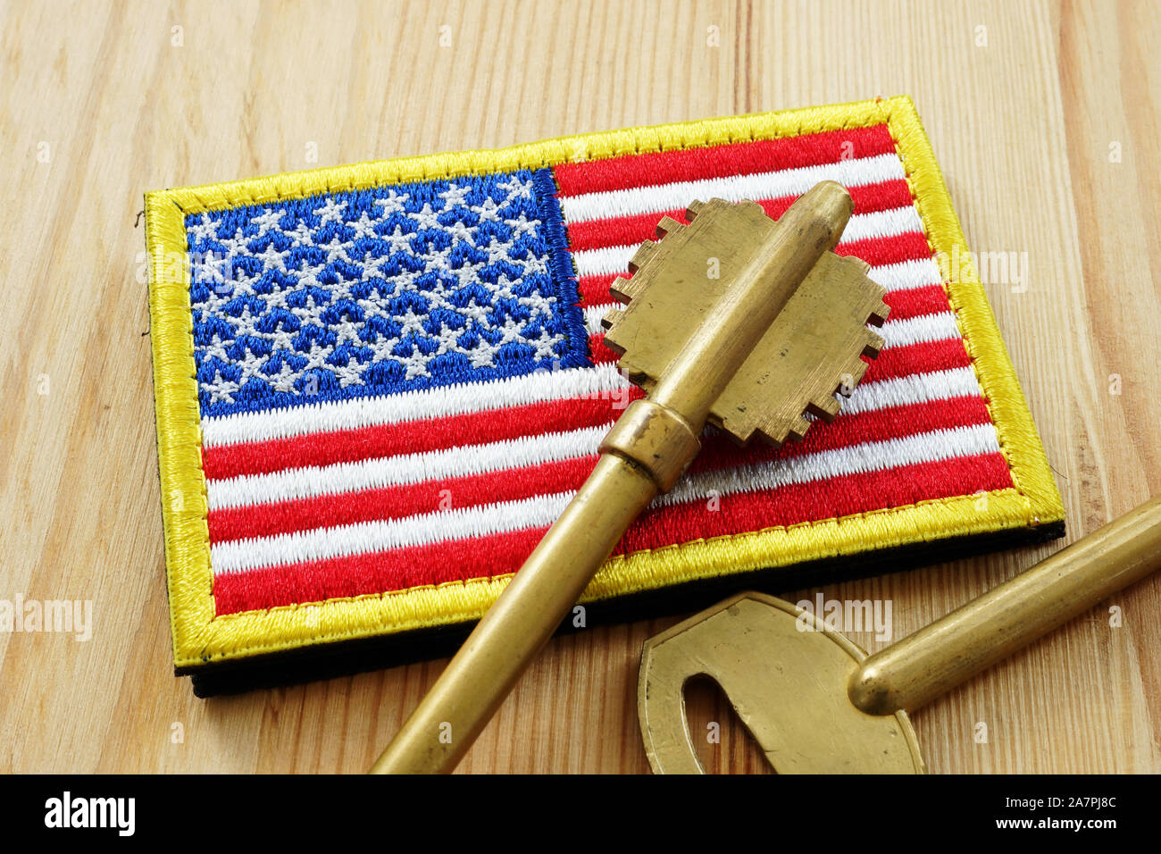 VA Darlehen und Hypotheken. Amerikanische Flagge und Schlüssel. Stockfoto