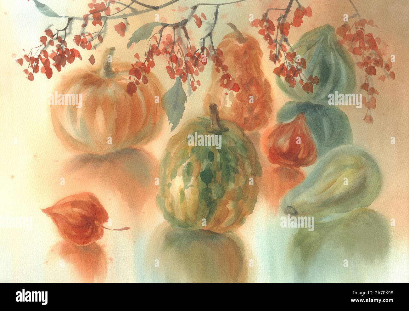 Herbst Komposition mit Farbe kürbisse Aquarell. Halloween Abbildung. Herbst Ernte Stockfoto
