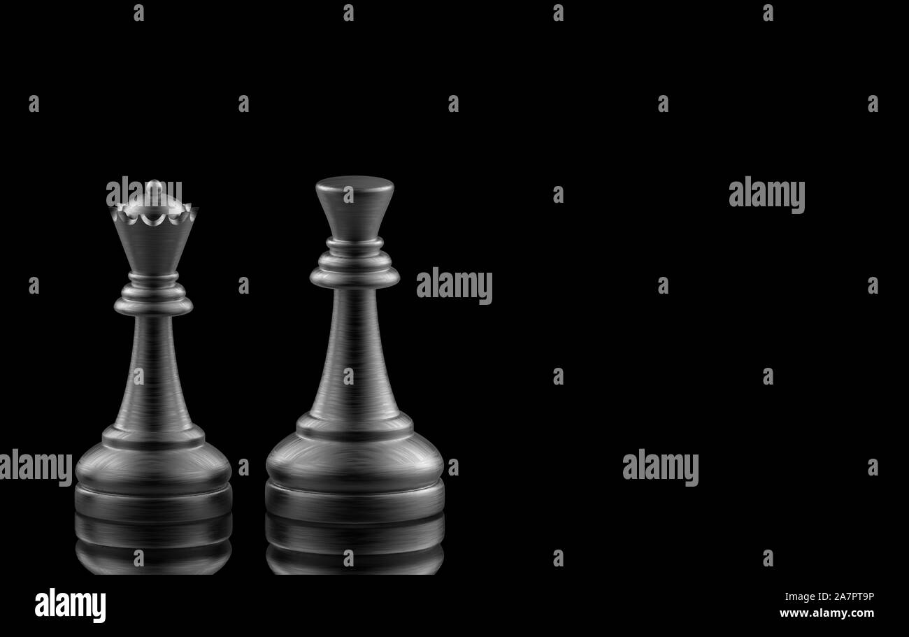 3D-Rendering. Schwarzer König und Königin Schach auf schwarzen Hintergrund. Stockfoto