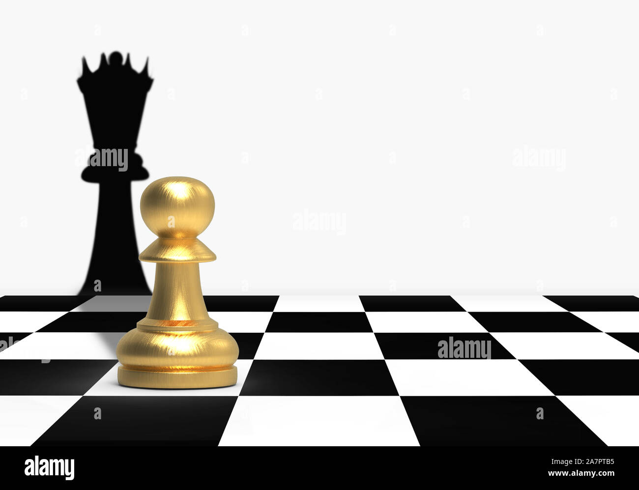 3D-Rendering. Ein Metall normal Chess hat ein König oder eine Königin Schach Schatten auf Schachbrett Hintergrund. deckvermögen Konzept. Stockfoto