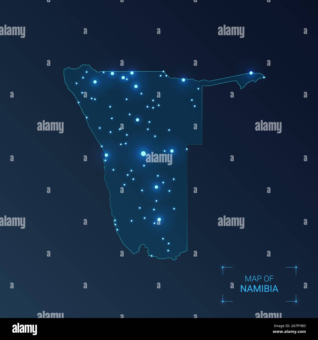 Namibia Karte mit Städten. Leuchtenden punkten - Neonlicht auf dunklem Hintergrund. Vector Illustration. Stock Vektor