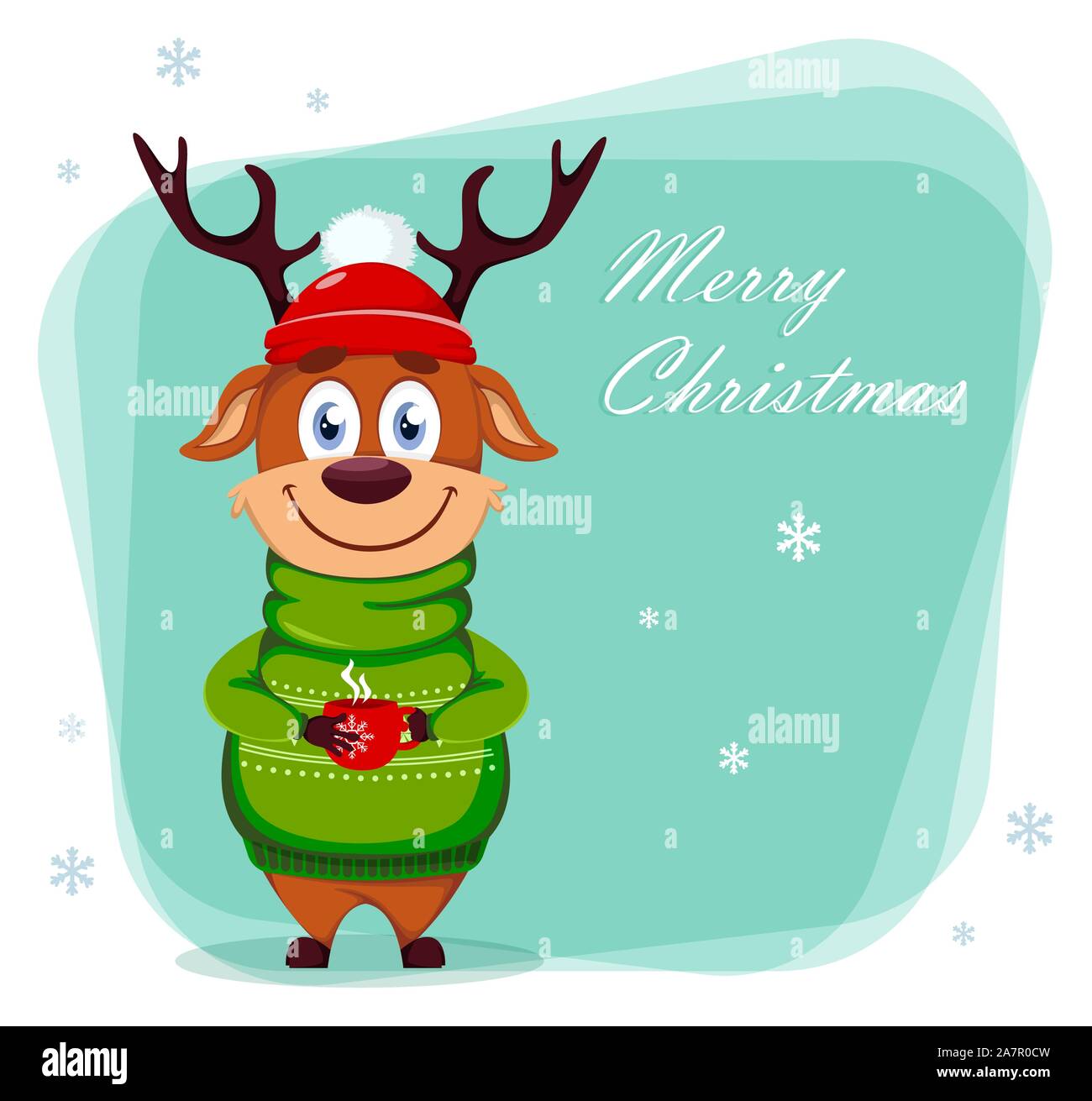 Frohe Weihnachten Grusskarten mit lustigen Rentier Holding eine Tasse Tee. Cute cartoon Charakter. Vector Illustration Stock Vektor