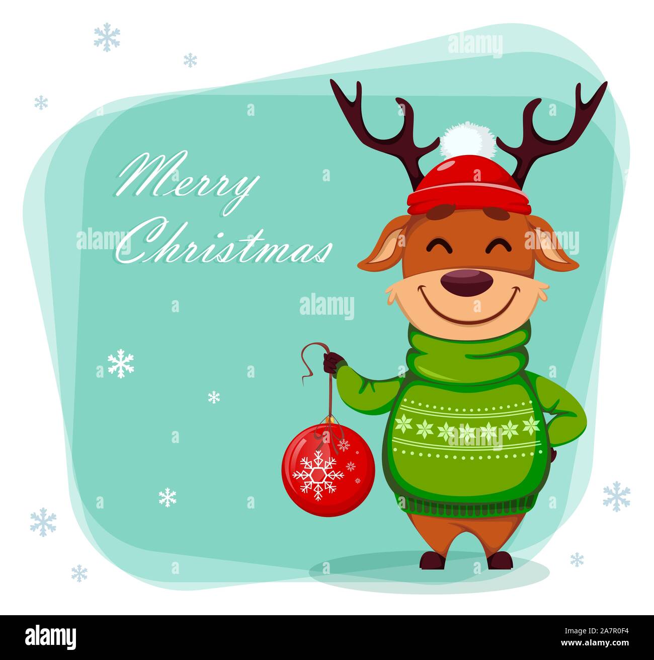 Frohe Weihnachten Grusskarten mit lustigen Rentier holding Christmas tree Ball. Cute cartoon Charakter. Vector Illustration Stock Vektor