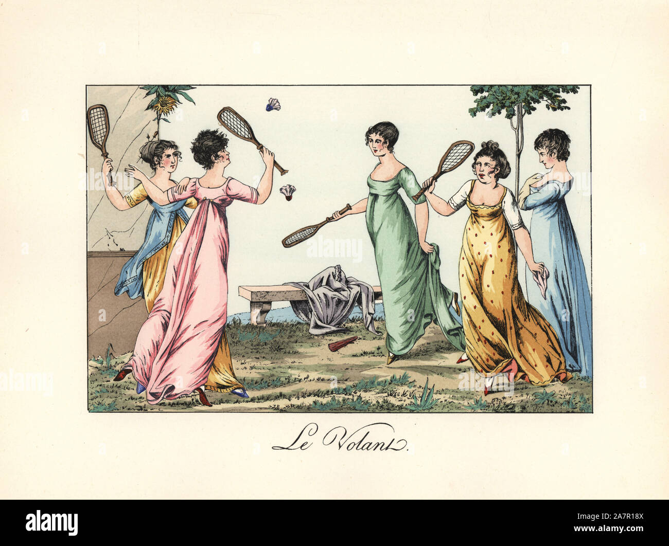 Elegante Damen oder meveilleuses spielen Badminton in einem Garten. Einige haben ihre Haare im modisch kurz geschnitten, bekannt als Märtyrer oder victime. Abbildung von Dominique Bosio von Pierre de la Mesangere's Le Bon Genre. Papierkörbe Lithographie von Henry Rene's Allemagne Sport- und Geschicklichkeitsspiele (Sport et Jeux d'Adresse), Librairie Hachette, Paris, 1903. Stockfoto Elegante Damen oder meveilleuses spielen Badminton in einem Garten. Einige haben ihre Haare im modisch kurz geschnitten, bekannt als Märtyrer oder victime. Abbildung von Dominique Bosio von Pierre de la Mesangere's Le Bon Genre. Papierkörbe Lithographie von Henry Rene's Allemagne Sport- und Geschicklichkeitsspiele (Sport et Jeux d'Adresse), Librairie Hachette, Paris, 1903. Stockfoto