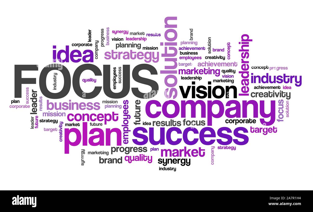Schwerpunkt in Unternehmen - Unternehmen plan Wort cloud unterzeichnen. Stockfoto