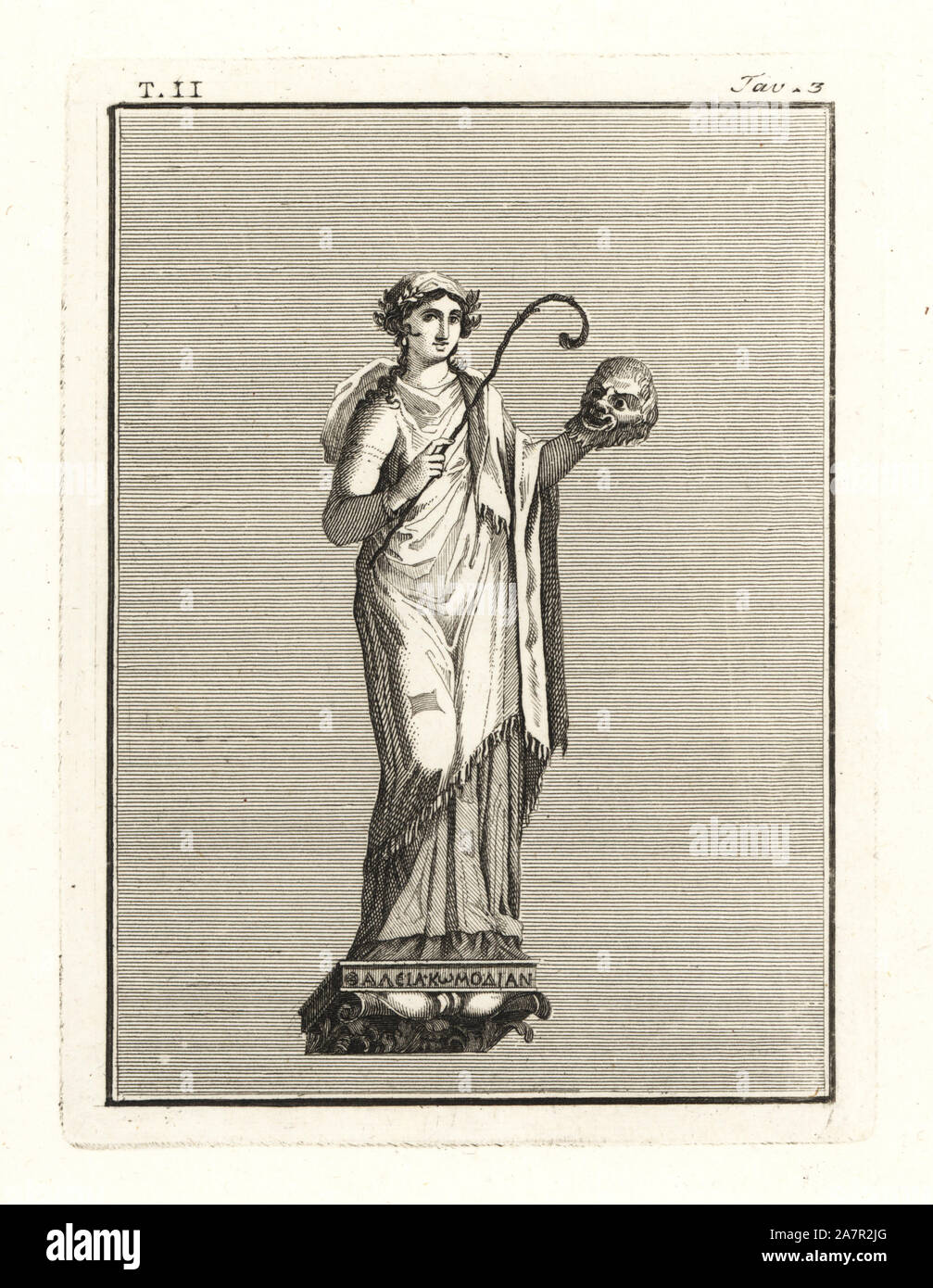 Thalia, römische Muse der Komödie, mit einem komischen Maske und Shepherd's Personal. Kupferstich von Tommaso Piroli von seinem antiken Herculaneum (Antichita di Ercolano), Rom, 1789. Stockfoto