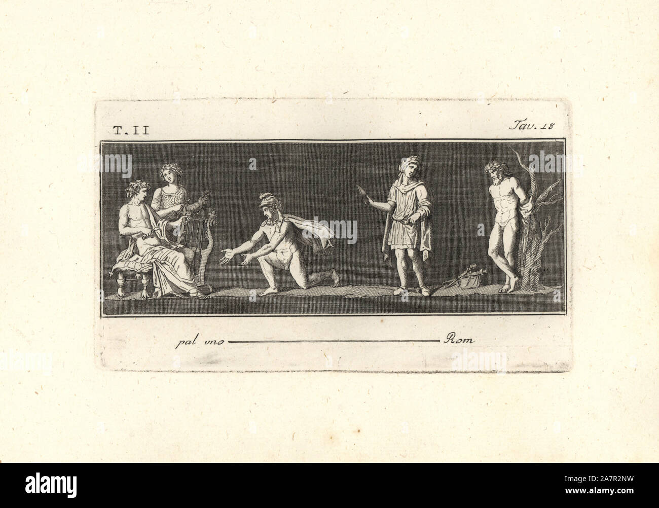 Apollo sitzt mit kithara (Leier) und Plektrum, von einer Muse begleitet. Olympus bittet um Gnade für seinen Lehrer Marsyas, der an einem Baum über das Leben von einem Skythischen enthäutet werden gebunden ist. Kupferstich von Tommaso Piroli von seinem antiken Herculaneum (Antichita di Ercolano), Rom, 1789. Stockfoto