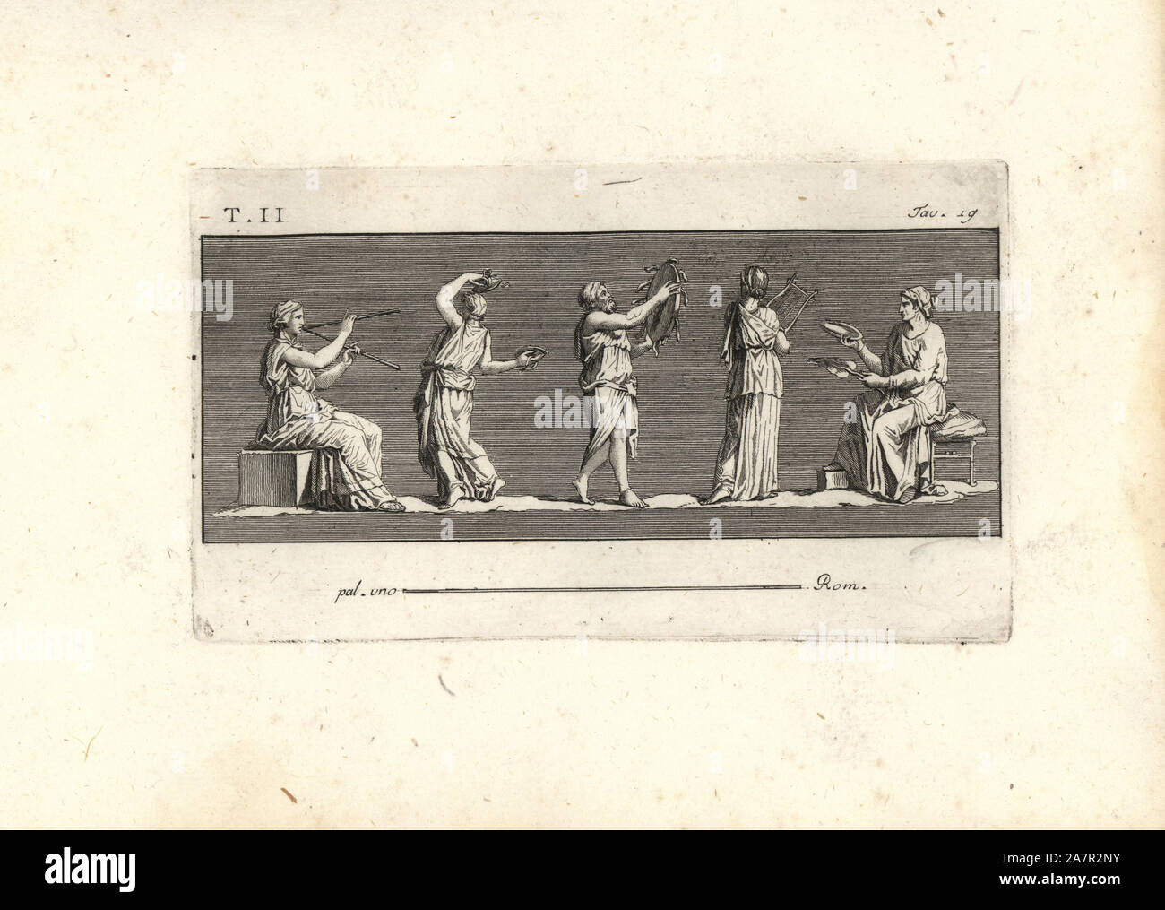 Ein Bacchischen chorus von Musikern und Tänzern mit TIBIAE (Holzbläser), Kithara (Leier) und Becken. Kupferstich von Tommaso Piroli von seinem antiken Herculaneum (Antichita di Ercolano), Rom, 1789. Stockfoto