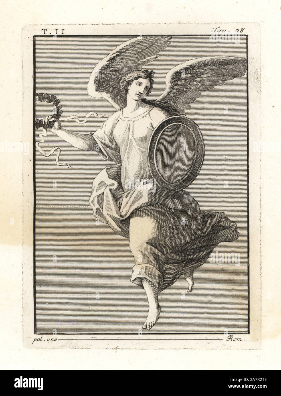 Eine geflügelte Sieg, mit Schirm und Kranz aus Eichenlaub. Kupferstich von Tommaso Piroli von seinem antiken Herculaneum (Antichita di Ercolano), Rom, 1789. Stockfoto