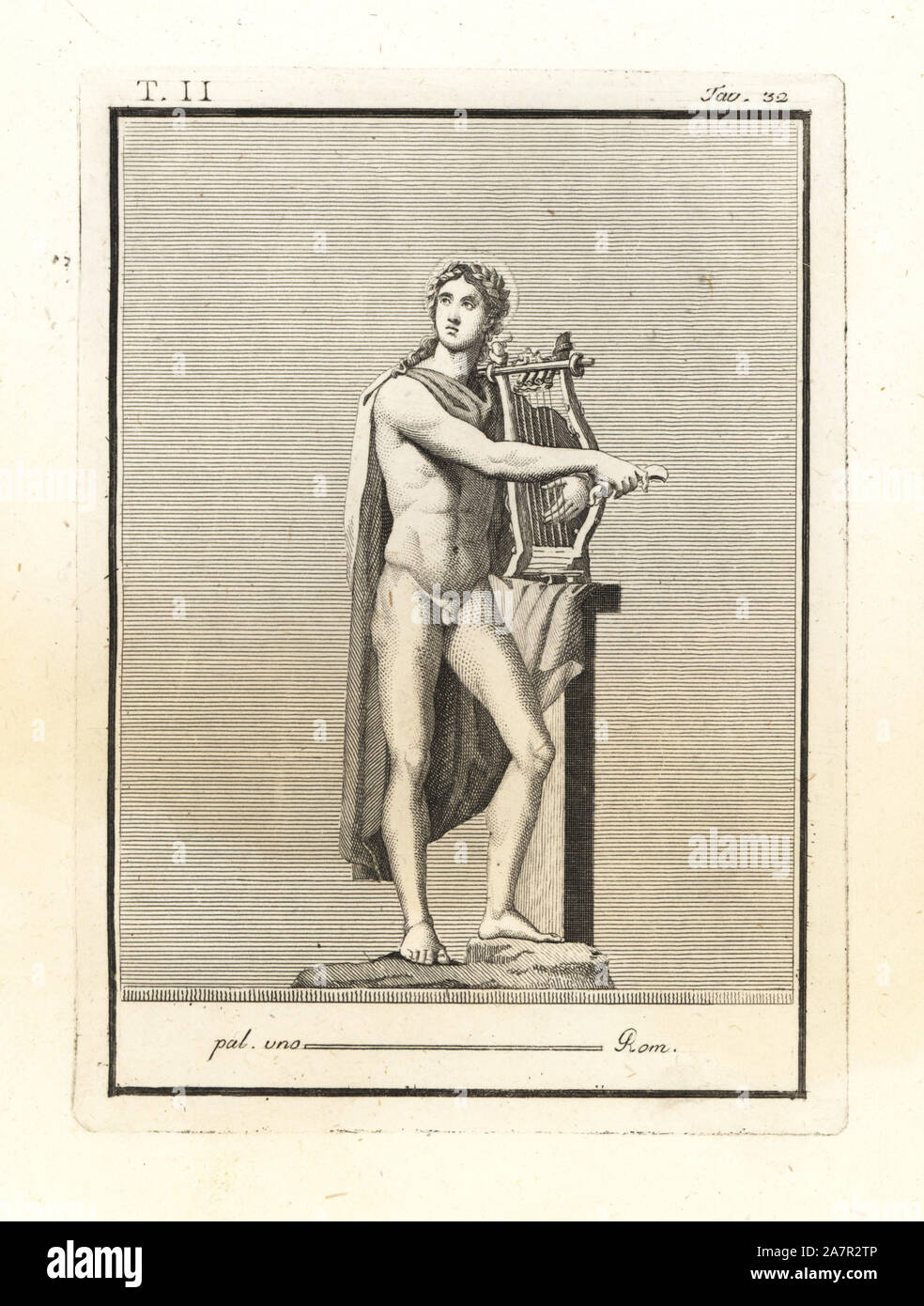 Statue des Apollo in Kupfer. Er ist mit Halo, Kithara (Leier) und plektrum dargestellt. Kupferstich von Tommaso Piroli von seinem antiken Herculaneum (Antichita di Ercolano), Rom, 1789. Stockfoto