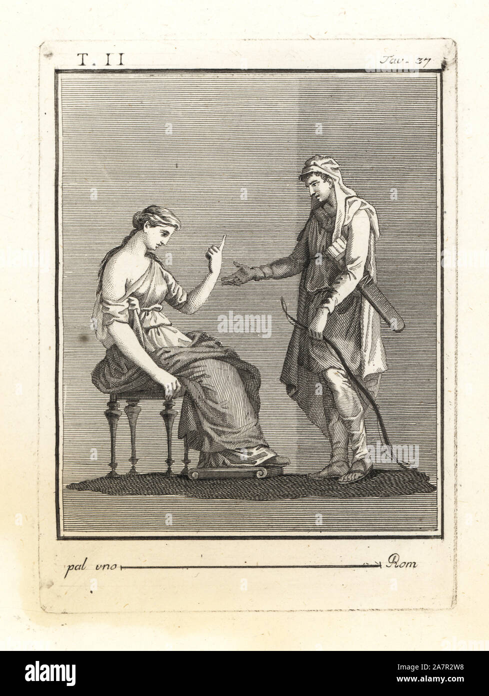 Odysseus präsentiert seine Frau Penelope mit seinen Bogen und Köcher mit Pfeilen. Kupferstich von Tommaso Piroli von seinem antiken Herculaneum (Antichita di Ercolano), Rom, 1789. Stockfoto