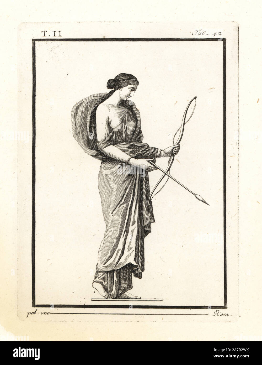 Diana die Jägerin mit Pfeil und Bogen. Kupferstich von Tommaso Piroli von seinem antiken Herculaneum (Antichita di Ercolano), Rom, 1789. Stockfoto