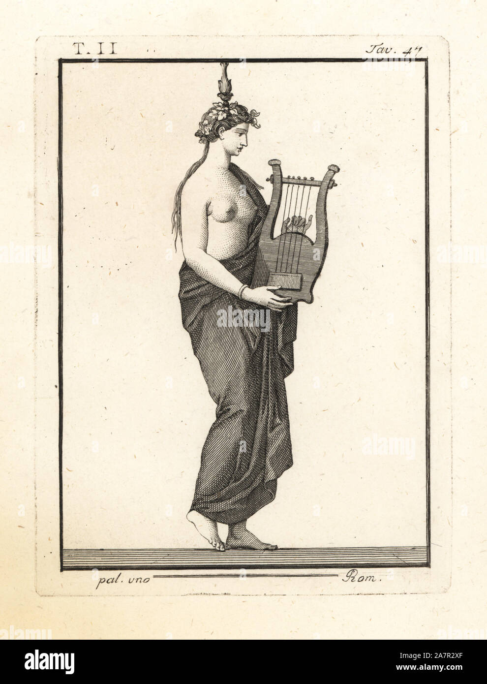 Zitherspieler oder citharede, Lyra player. Ihr girlande von Efeu erkennt Ihr als möglicherweise Sappho oder einem anderen Dichterin. Kupferstich von Tommaso Piroli von seinem antiken Herculaneum (Antichita di Ercolano), Rom, 1789. Stockfoto
