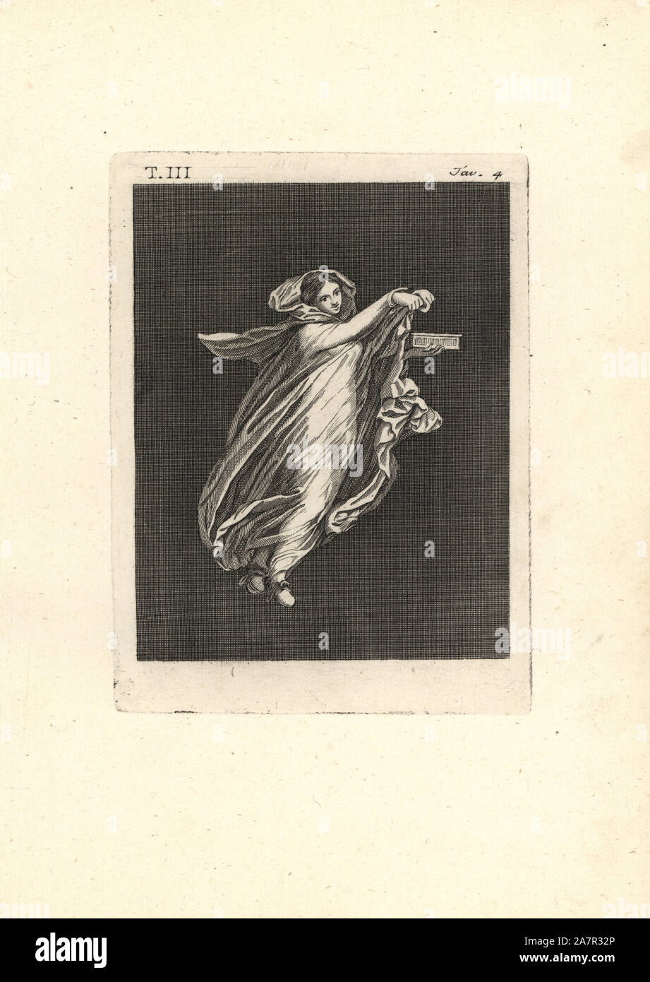 Tänzerin in voluminösen transparenten Roben mit einem Kasten vielleicht in Anspielung auf die Geheimnisse des Bacchus. Kupferstich von Tommaso Piroli von seinem antiken Herculaneum (Antichita di Ercolano), Rom, 1790. Stockfoto