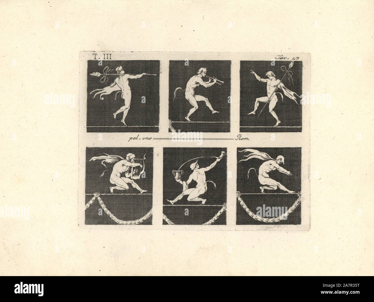 Sechs satyrn oder Faune auf einer Gratwanderung. Zwei tragen eine thyrsus, einer spielt ein schienbein, einer spielt eine Lyra, ein Wein aus einer Vase in die andere, und ein Guthaben bei seine Hände zusammen. Kupferstich von Tommaso Piroli von seinem antiken Herculaneum (Antichita di Ercolano), Rom, 1790. Stockfoto