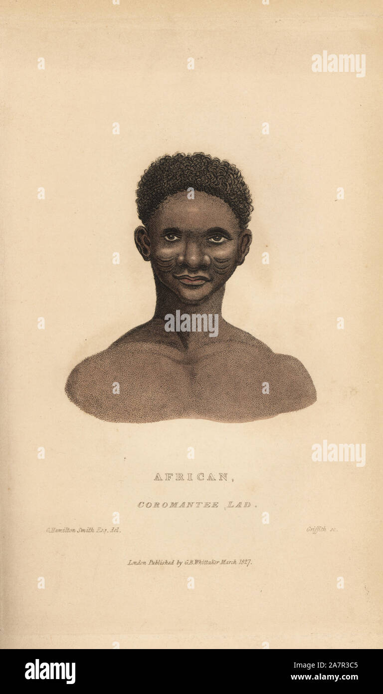 Jugend der Akan aus Ghana (Coromantee kop, Afrikanischen). Porträt gezeichnet von Charles Hamilton Smith, von Harriet oder Edward Griffith eingraviert. Papierkörbe Kupferstich von Edward Griffith der Tierwelt vom Baron Cuvier, London, Whittaker, 1827. Stockfoto
