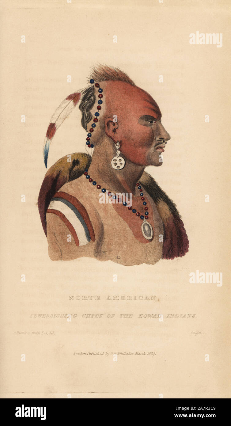 Sewessissing, Chef der Iowa Nation (Eowah Inder), Nordamerika. Illustration gezeichnet von Charles Hamilton Smith. Papierkörbe Kupferstich von Griffith, Harriet oder Edward, von Edward Griffith der Tierwelt vom Baron Cuvier, London, Whittaker, 1827. Stockfoto