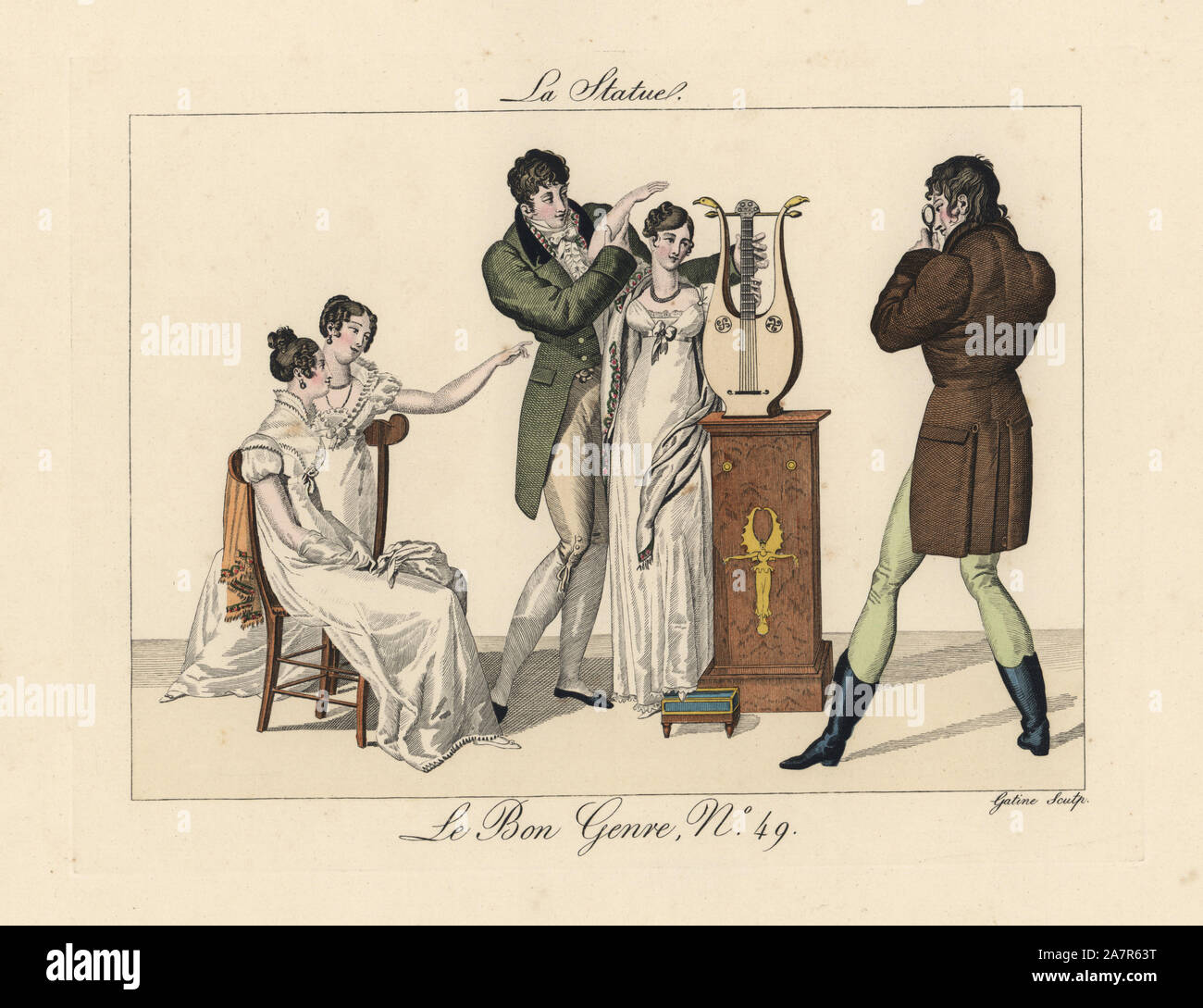 Modische Männer und Frauen spielen die Stube Spiel namens die Statue. "Wenn man ist dazu verurteilt, die Statue zu sein, Sie in der Mitte des Raumes und jeder sonst platziert ist hat das Recht, ihr in jeder Position die Sie wünschen, zu gefährden." Papierkörbe Kupferstich von Gatine von Pierre de la Mesangere's Le Bon Genre, Paris, 1817. Stockfoto