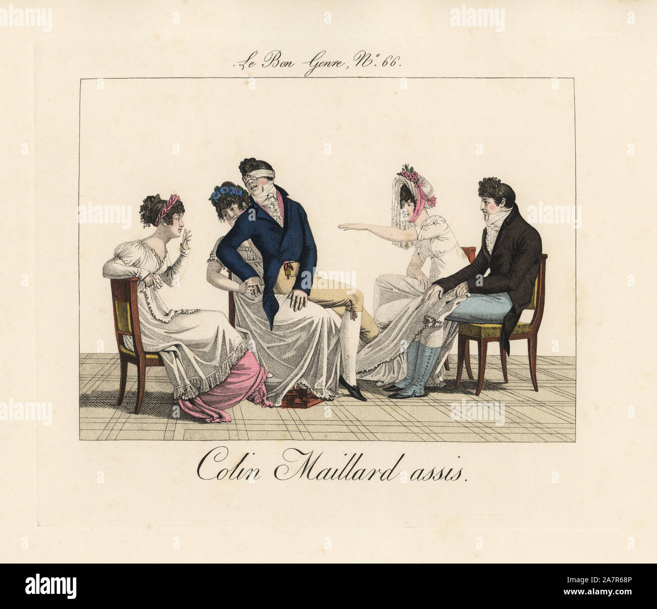Buff von blinden Mann sitzt. Ein dandy im Regency-stil mode Vermutungen die Identität der Frau in der musselin Kleid, der seinen Stuhl zur Verfügung stellt. Papierkörbe Gravur von Pierre de la Mesangere's Le Bon Genre, Paris, 1817. Stockfoto