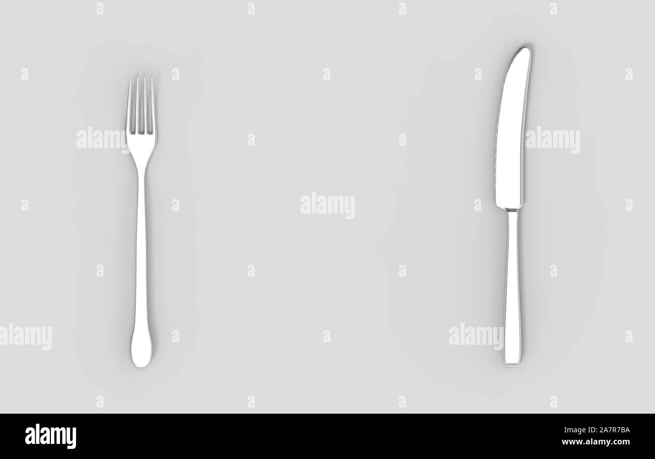 3D-Rendering. Silber Messer und Gabel auf leeren grauen Hintergrund. Stockfoto