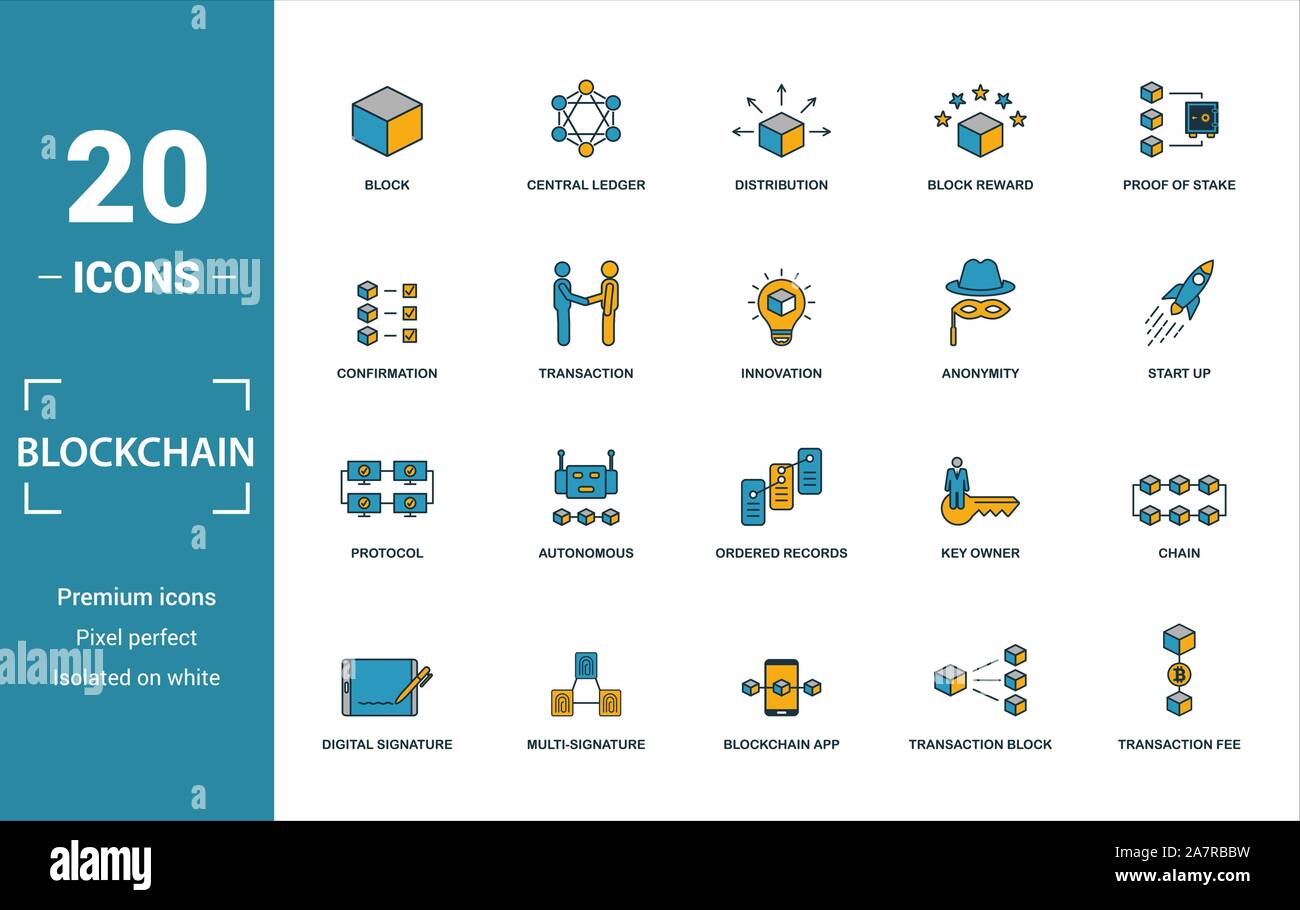 Blockchain Icon Set. Kreative Elemente Block, Verteilung, Bestätigung, Anonymität, Protokoll Symbole. Kann für den Bericht verwendet, Präsentation. Stock Vektor