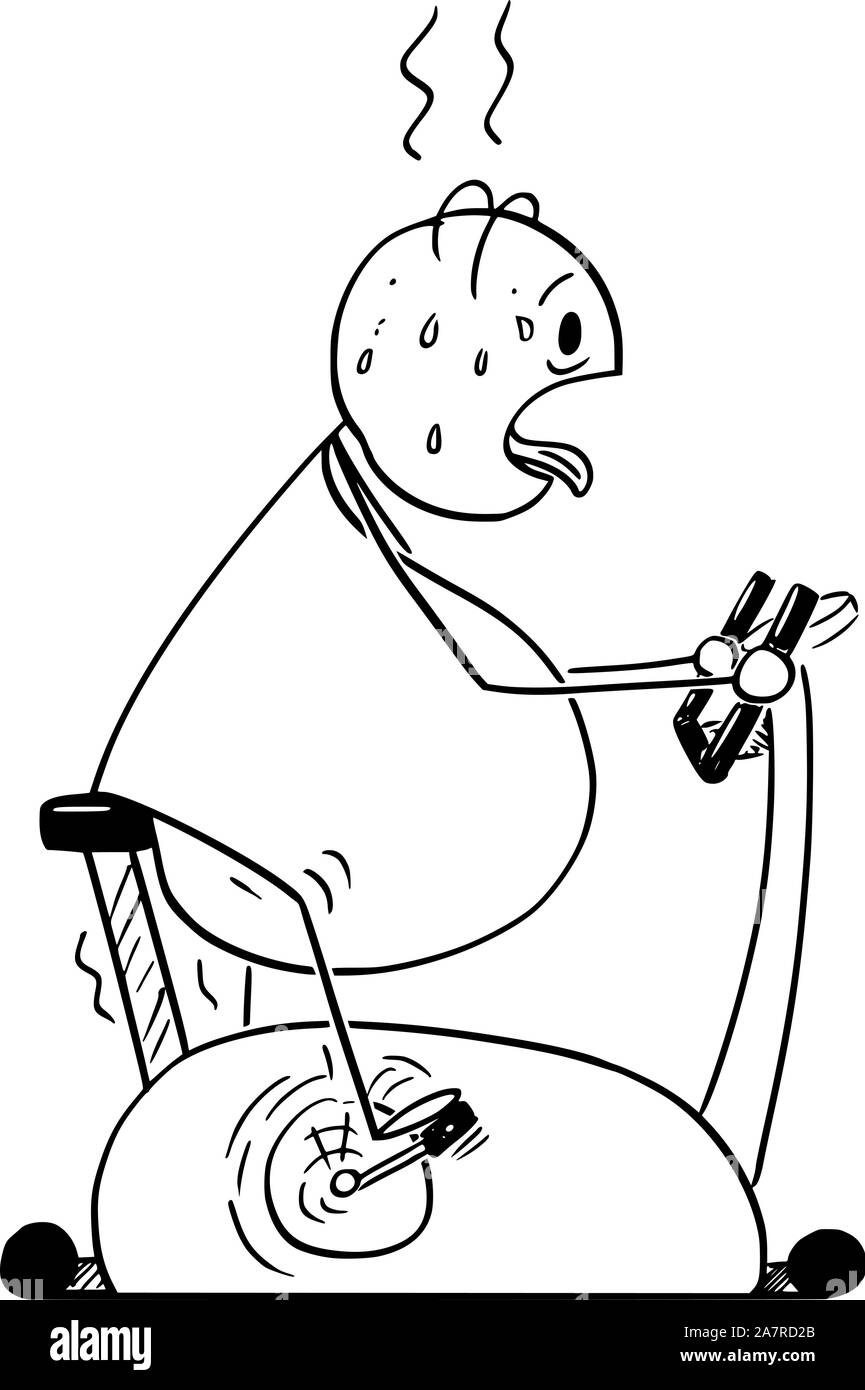 Vektor cartoon Strichmännchen Zeichnung konzeptuelle Darstellung von Fett oder übergewichtige Menschen reiten Heimtrainer oder stationären Fahrrad. Konzept der gesunden Lebensweise. Stock Vektor