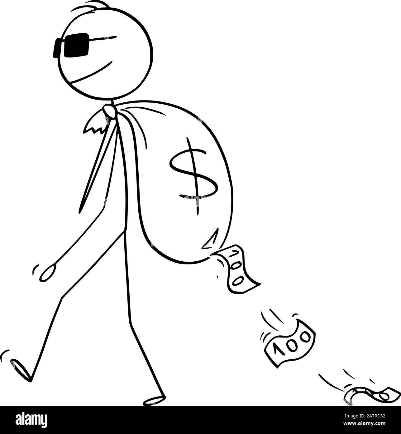 Vektor cartoon Strichmännchen Zeichnen konzeptionelle Darstellung der Mann, Kriminelle, Secret Agent oder Geschäftsmann mit Sonnenbrille tragen Fehler Geld Tasche auf seinem Beutel mit Dollar Währungssymbol. Stock Vektor