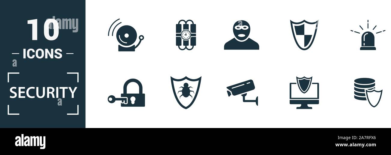 Security Icon Set. Kreative Elemente Überwachungskamera, deffense, Schloss, Schutz, Datenschutz Symbole. Kann für den Bericht verwendet, Präsentation. Stock Vektor