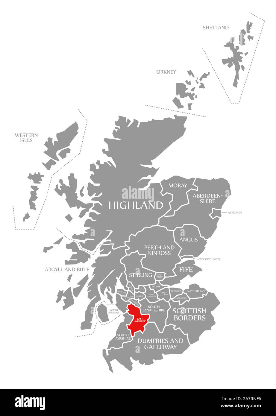 East Ayrshire rot in der Karte von Schottland Großbritannien hervorgehoben Stockfoto