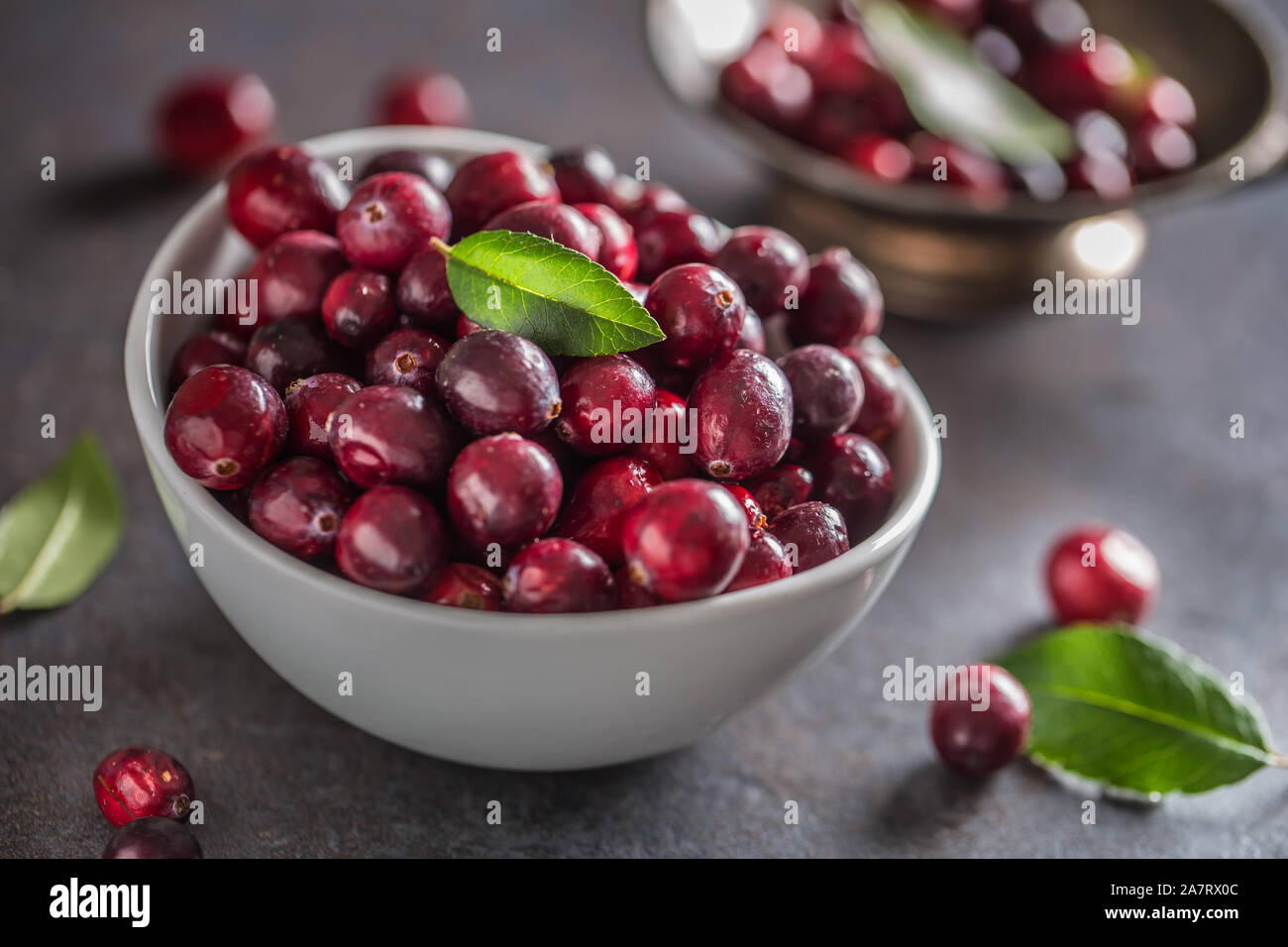 Frische reife Preiselbeeren in der Schüssel auf dem Tisch close-up Stockfoto