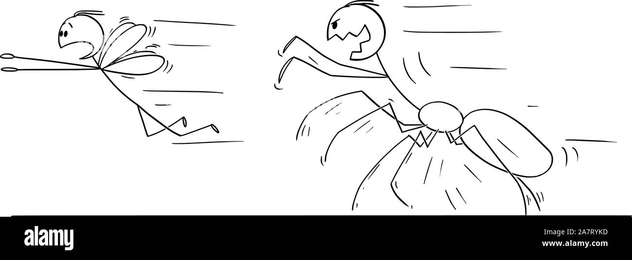 Vektor cartoon Strichmännchen Zeichnen konzeptionelle Darstellung der Spinne jagen fliegen und die Metapher des Wettbewerbs und die Macht. Stock Vektor