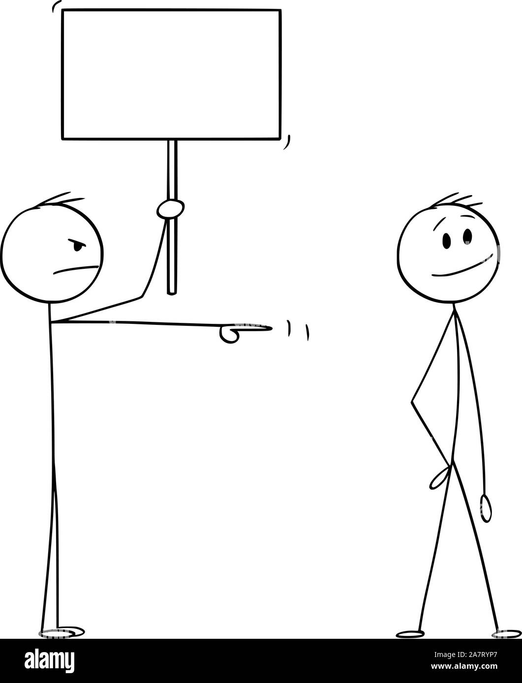 Vektor cartoon Strichmännchen Zeichnen konzeptionelle Darstellung der zornigen Mann oder Geschäftsmann mit leeren Zeichen an lächelnden Mann zeigt. Stock Vektor