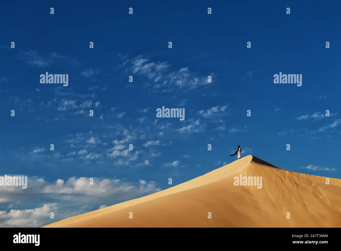 Traditionell gekleidete Marokkaner steht auf einer Sanddüne gegen ein bewölkter Himmel, Wüste Sahara, Marokko. Stockfoto