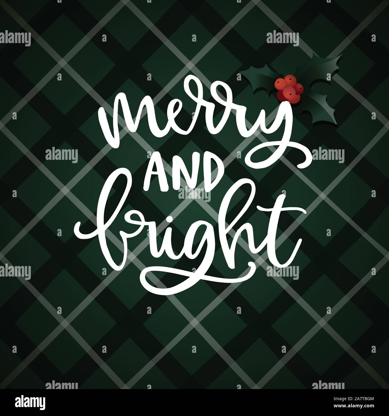 Merry und helle Hand Schrift. Weihnachten Grusskarten, Einladung mit Stechpalme Blätter, Beeren und weißer Text über Tartan, grün kariert Plaid Stock Vektor