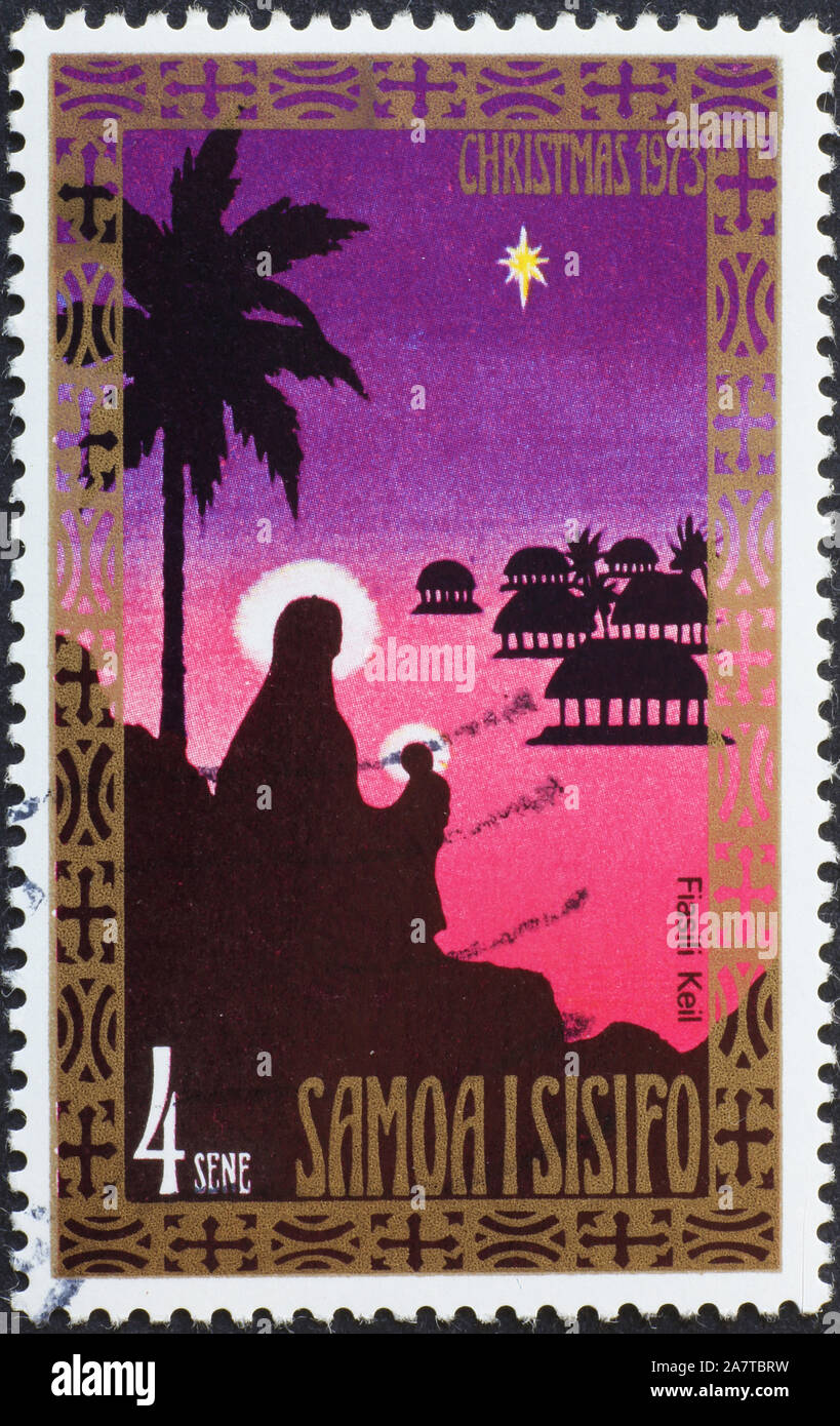 Madonna und Jesus an Weihnachten Stempel von Samoa Stockfoto