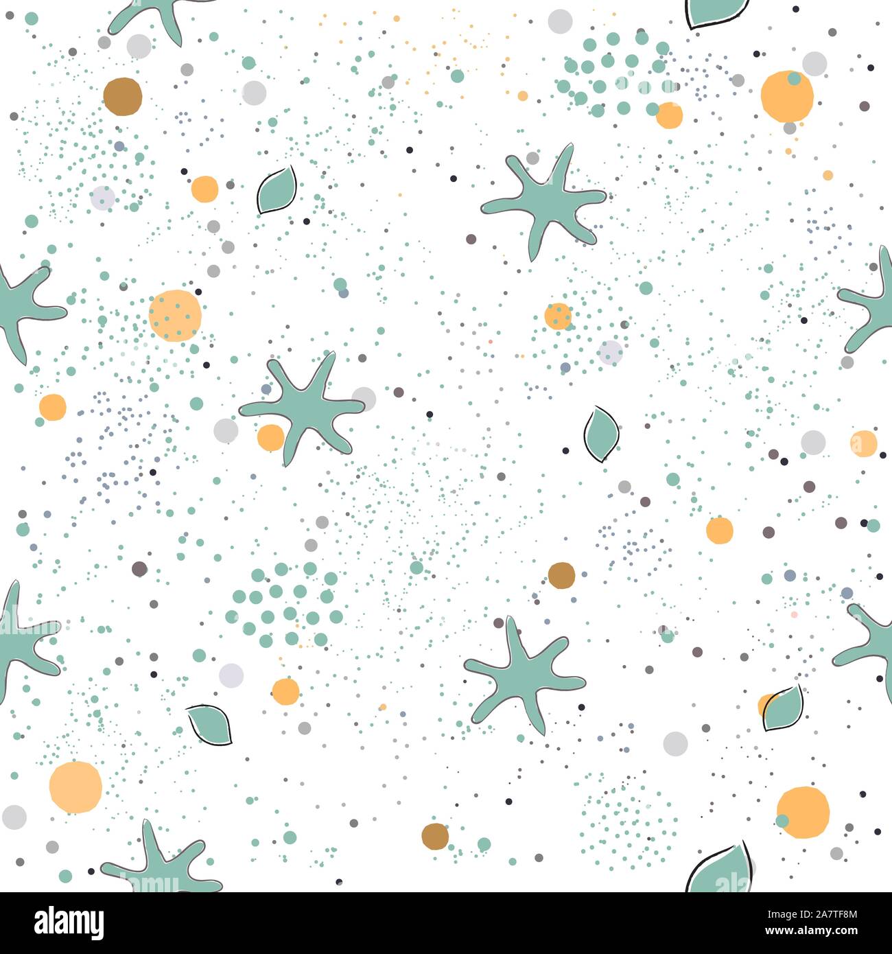 Wunderschöne handgezeichnete nahtlose Muster mit Punkten und Seesterne auf weißem Hintergrund. Vector Illustration Stock Vektor