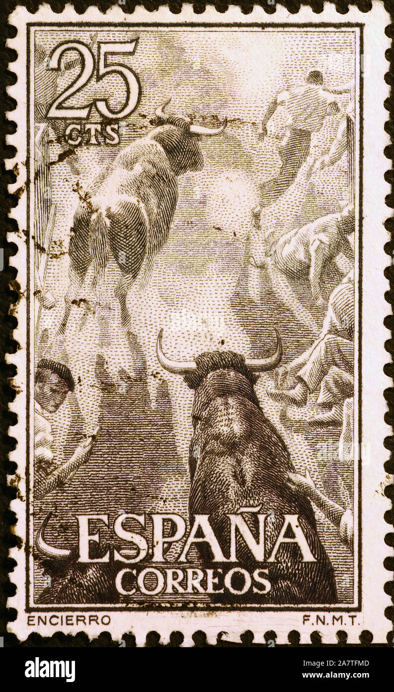 Läuft der Stiere in Pamplona auf spanische Briefmarke Stockfoto
