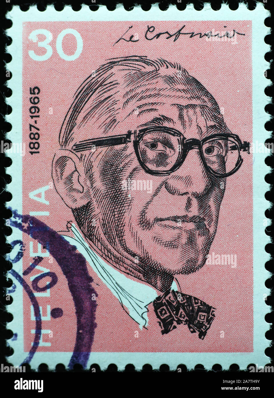 Berühmte Architekten Le Corbusier auf Schweizer Briefmarke Stockfoto