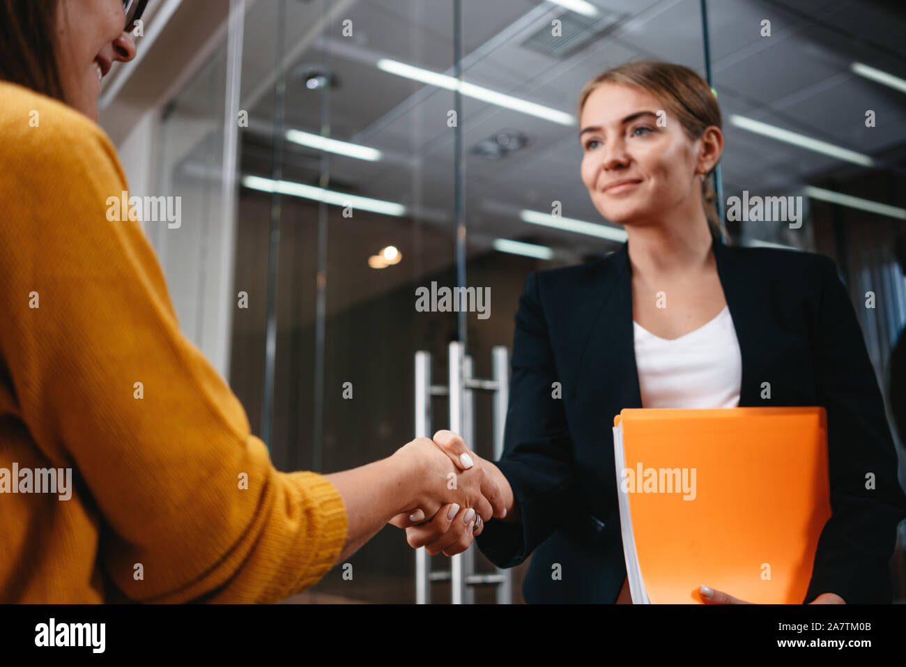 Business Lady Partnerschaft handshake Tagung Konzept. Schöne Geschäftsfrau handshaking nach guter Deal. Erfolgreiches Arbeiten moment Stockfoto