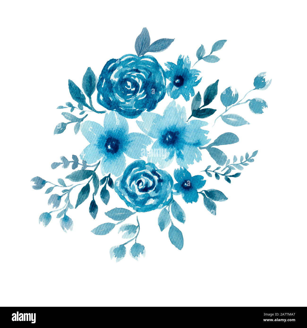 Abstrakt floral background mit blauen Blumen auf weißem, Aquarell winter floralen Bouquet isoliert Stockfoto